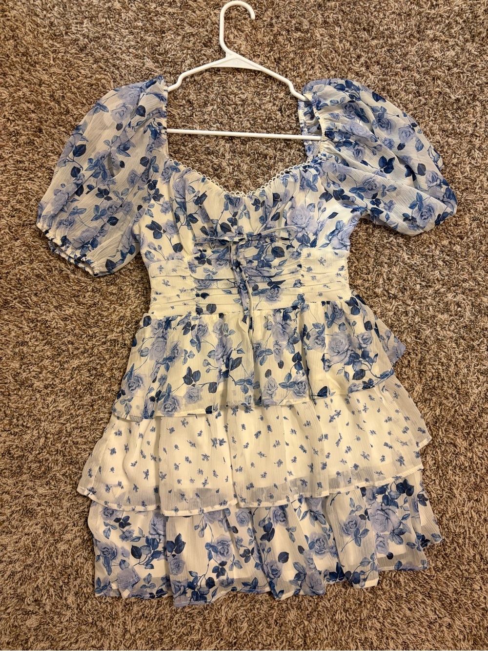 Altar'd State Blue & White Tiered Floral Puff-Sleeve Dress